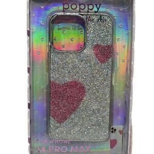 Glitter Pink Silver Hearts iPhone 14 Pro Max Rhinestone Coquette Princess NeW